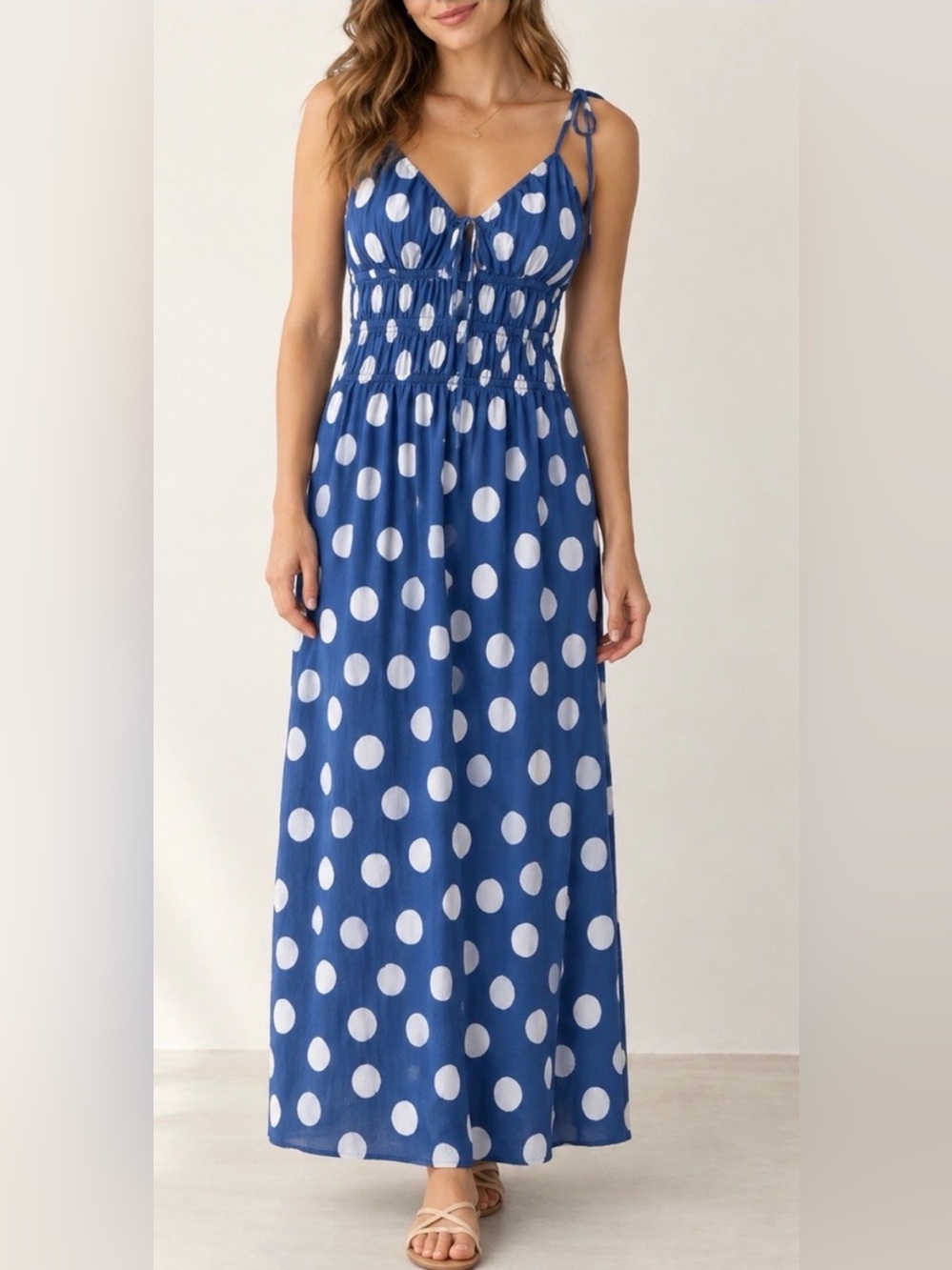 Blue Polka Dot Maxi Dress with Smocked Waist